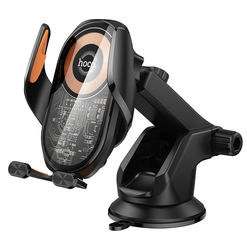 Держатель автомобильный на стекло/торпеду выдвижной c беспроводной зарядкой, HW34, HOCO, металлический серый Держатель автомобильный на стекло/торпеду выдвижной c беспроводной зарядкой, HW34, HOCO, металлический серый