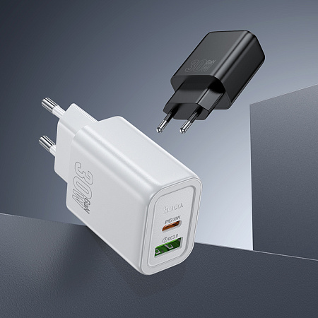 Сетевое зарядное устройство, 1 PD 30W + 1 USB 3.0 QC (N63), HOCO, Type-C to Type-C, белый