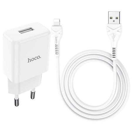 Сетевое зарядное устройство, 1 USB 2.1A (N9), HOCO, Lightning, Fast Charge, Безопасный сертификат, белый