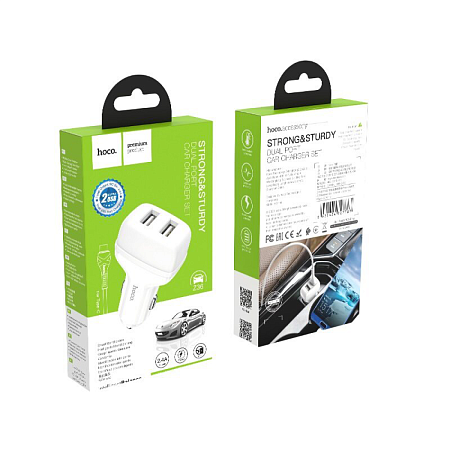 Автомобильное зарядное устройство, 2 USB 2.4A (Z36), usb cable Type-C, HOCO, белый