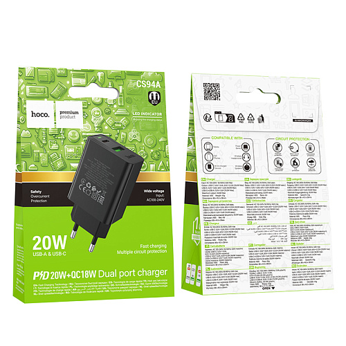 Сетевое зарядное устройство, 1 PD 20W + 1 USB 3.0 QC (CS94A), HOCO, черный