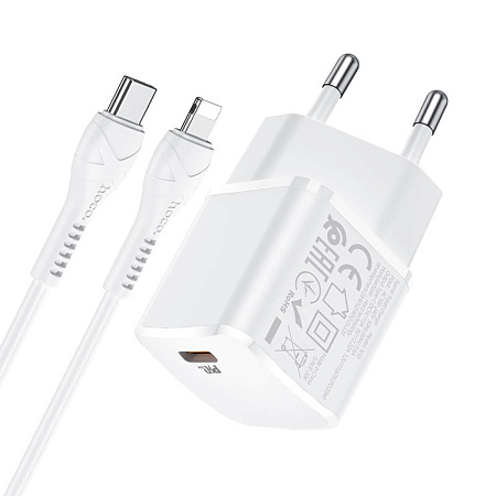 Сетевое зарядное устройство, 1 PD 20W + 1 USB 3.0 QC (N10), HOCO, Type-C to Lightning, mini, Умная зарядка, белый