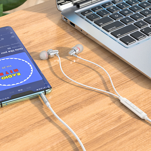 Проводные наушники M90, Delight wire-controlled earphones with microphone, HOCO, вакуумные, серебро