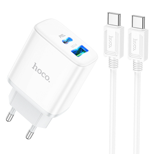 Сетевое зарядное устройство, 1 PD 20W + 1 USB 3.0 QC (C105A), HOCO, Type-C to Type-C, белый