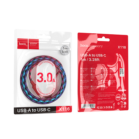 USB Кабель Type-C, HOCO, X116, 1м, разноцветный красный с желтым или синим