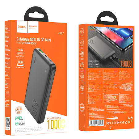 Универсальный Доп. Аккумулятор 10000mAh, J87, HOCO, выход 1 USB (18W), 1 PD (20W), вход Micro/Type-C, черный