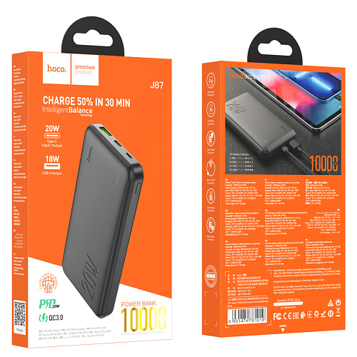 Универсальный Доп. Аккумулятор 10000mAh, J87, HOCO, выход 1 USB (18W), 1 PD (20W), вход Micro/Type-C, черный