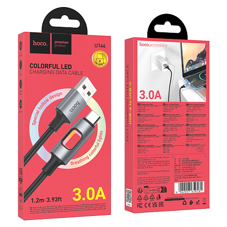 USB Кабель Type-C, HOCO, U144, 1.2 метра, цвет черный, ток до 3А