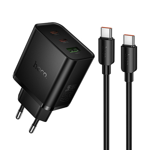 Сетевое зарядное устройство, 2 PD 65W + 1 USB 3.0 QC (N75), HOCO, Type-C to Type-C, черный