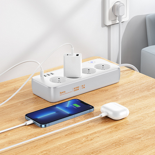 Сетевой фильтр на 4 розетки+3 USB+1 PD, 3 м, AC21, Sunlight, HOCO, белый