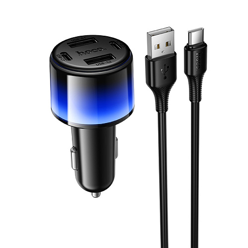 Автомобильное зарядное устройство, 2 USB QC3.0 12W, 2 PD 12W (Z69), HOCO, кабель Type-C, черный с синим