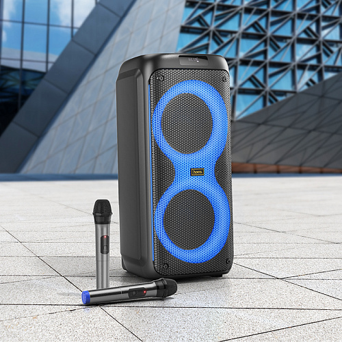 Колонка HA7, +2 беспроводных микрофона, Leader wireless dual-mic outdoor BT speaker, HOCO, черная