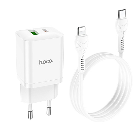 Сетевое зарядное устройство, 1 PD 18W + 1 USB 3.0 QC (N28), HOCO, Type-C to Lightning, белый