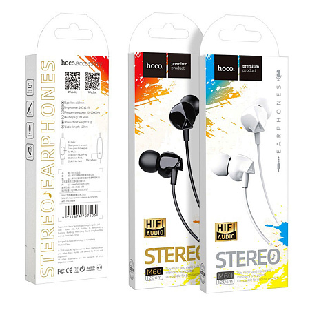 Проводные наушники M60 Perfect sound universal earphones with mic, hoco, белые