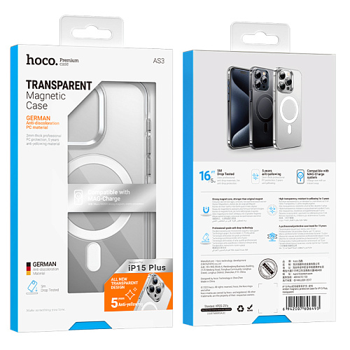 Чехол для iPhone 15, PC, Магнитный (MagSafe), AS3, HOCO, прозрачный