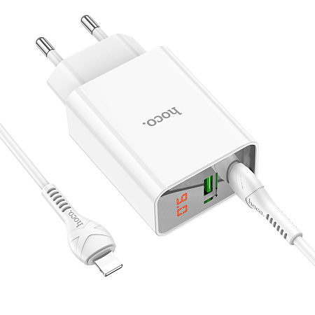 Сетевое зарядное устройство, 1 PD 20W + 1 USB 3.0 QC (C100A), HOCO, Type-C to Lightning, белый