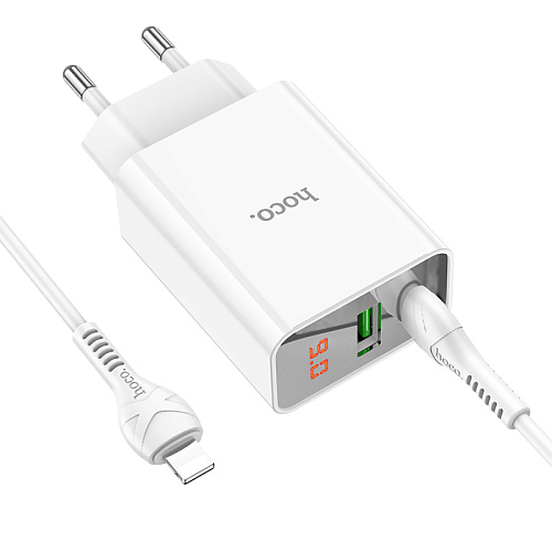Сетевое зарядное устройство, 1 PD 20W + 1 USB 3.0 QC (C100A), HOCO, Type-C to Lightning, белый