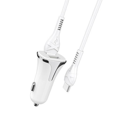 Автомобильное зарядное устройство, 2 USB 3.4A 18W QC3.0 (Z31), usb cable Type-C, HOCO, белый