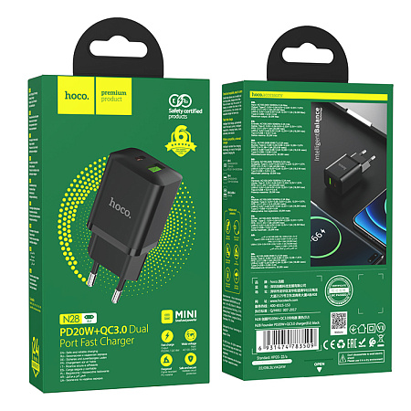 Сетевое зарядное устройство, 1 PD 18W + 1 USB 3.0 QC (N28), HOCO, черный