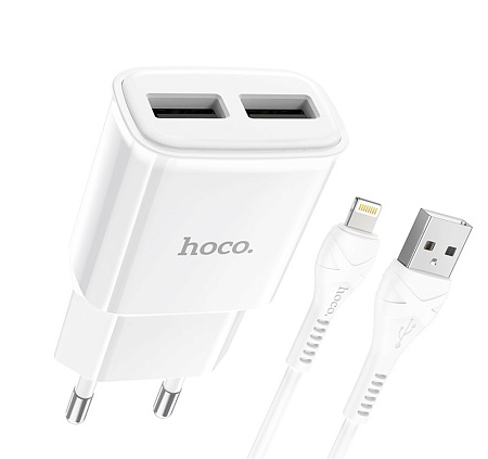 Сетевое зарядное устройство, 2 USB 2.4A (C88A), HOCO, Lightning, белый