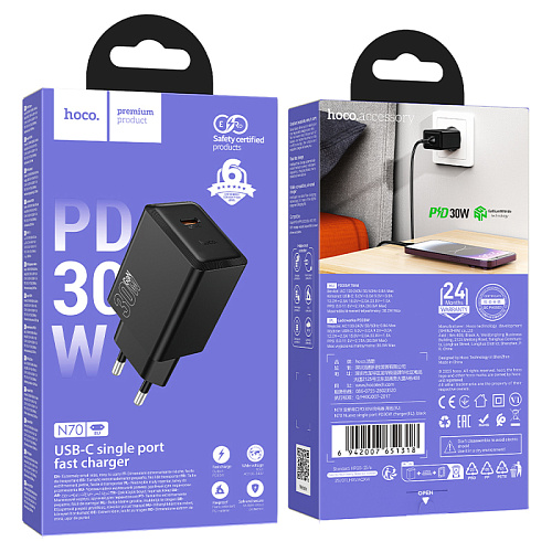 Сетевое зарядное устройство, 1 PD 30W  (N70), HOCO, цвет черный