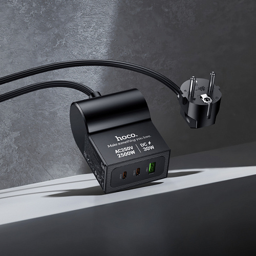 Сетевой фильтр на 1 розетка+1 USB+2 PD, 1.5м, AC33, HOCO, черный