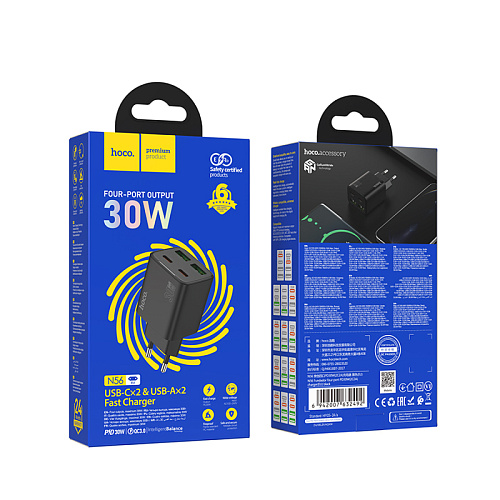 Сетевое зарядное устройство, 2 PD 30W + 2 USB 3.0 QC (N56), HOCO, черный