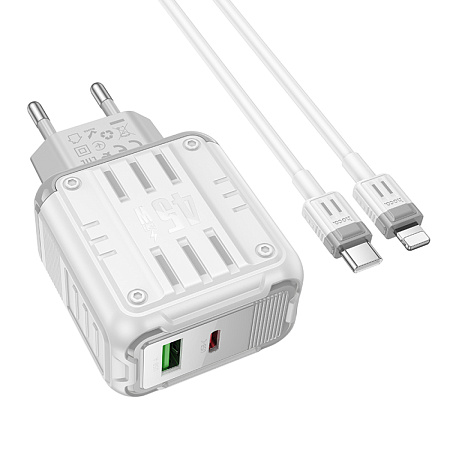 Сетевое зарядное устройство, 1 PD 45W + 1 USB 3.0 QC (C136A), HOCO, Type-C to Lightning, белый