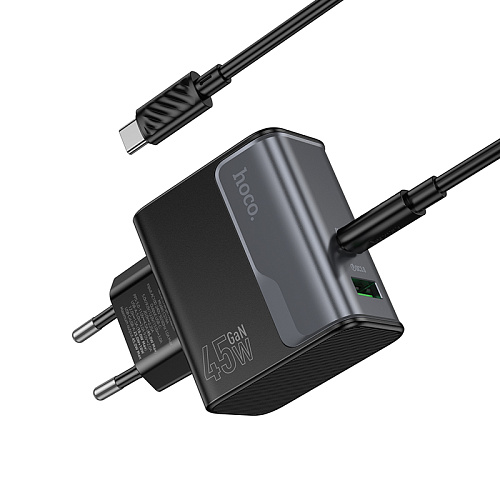 Сетевое зарядное устройство, 1 PD 45W + 1 USB 3.0 QC (CS74A), HOCO, Type-C to Type-C, черный