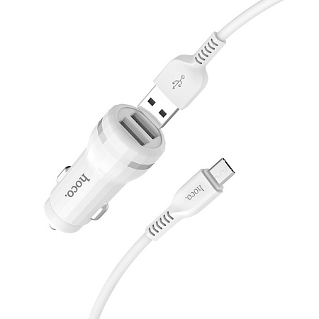Автомобильное зарядное устройство, 2 USB 2.4A (Z27), usb cable micro, HOCO, белый
