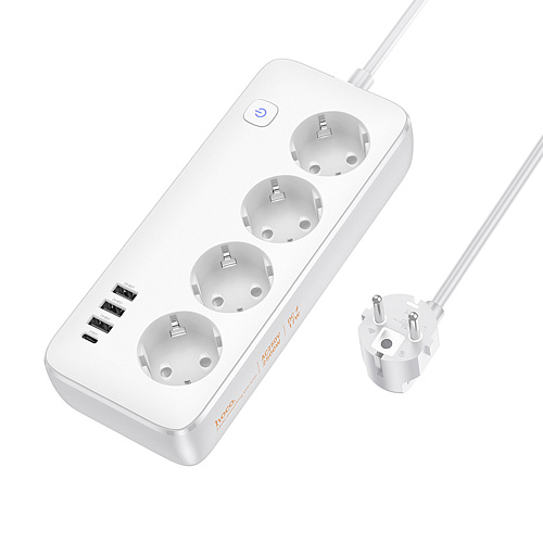 Сетевой фильтр на 4 розетки+3 USB+1 PD, 3 м, AC21, Sunlight, HOCO, белый