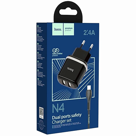 Сетевое зарядное устройство, 2 USB 2.4A 12W (N4), HOCO, Lightning, Умная зарядка, черный