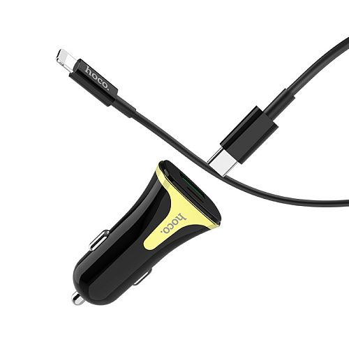 Автомобильное зарядное устройство, 1 USB QC3.0+1 PD (Z31A), HOCO, кабель Type-С to Lightning, черный