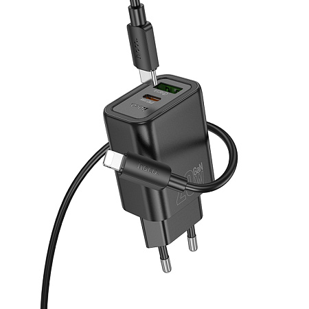 Сетевое зарядное устройство, 1 PD 20W + 1 USB 3.0 QC (N61), HOCO, Type-C to Lightning, черный