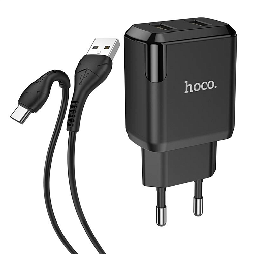 Сетевое зарядное устройство, 2 USB 2.1A 10.5W (N7), HOCO, Type-C, Умная зарядка, черный