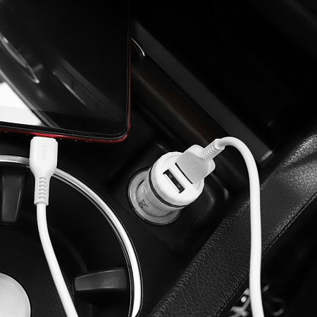 Автомобильное зарядное устройство, 2 USB 2.4A (Z27), usb cable Type-C, HOCO, белый