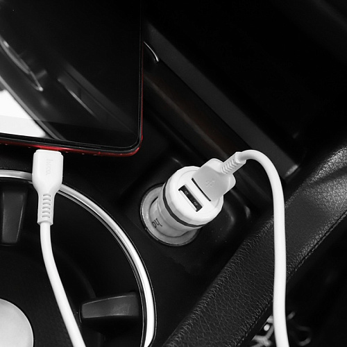 Автомобильное зарядное устройство, 2 USB 2.4A (Z27), usb cable Type-C, HOCO, белый