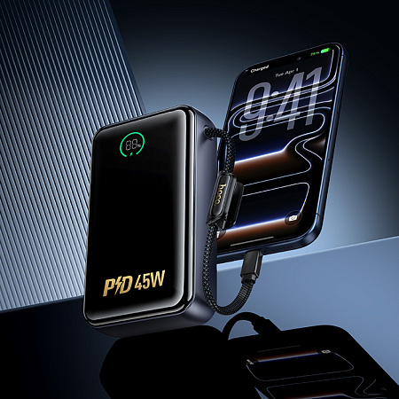 Универсальный Доп. Аккумулятор 20000mAh, Q54, HOCO, выход 1 USB (22.5W) + 1 PD (45W), кабель: Type-C 45W, черный