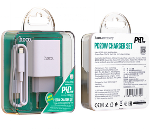 Сетевое зарядное устройство, 1 PD 20W + 1 USB 3.0 QC (C76A Plus), HOCO, Type-C to Lightning, белый