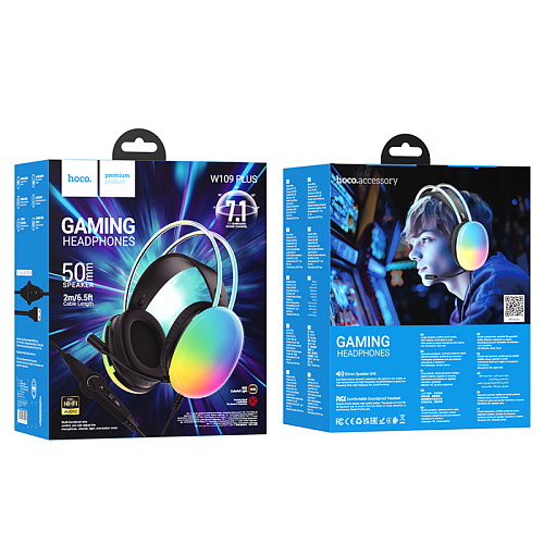 Проводные наушники W109 Plus, HOCO, игровые с микрофоном, USB 7.1, черный