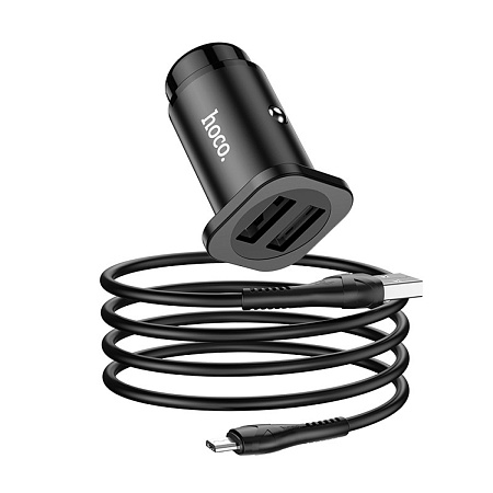 Автомобильное зарядное устройство, 2 USB 2.4A (NZ4), usb cable micro, HOCO, черный