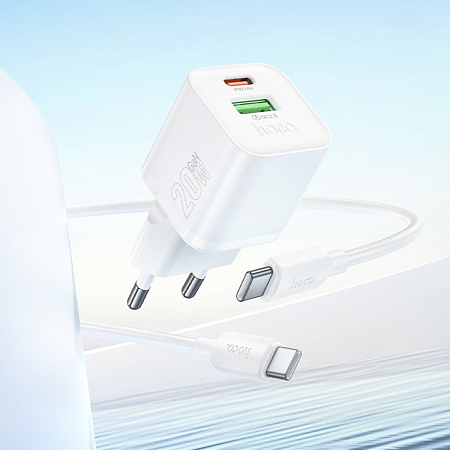 Сетевое зарядное устройство, 1 PD 20W + 1 USB 3.0 QC (N65), HOCO, Type-C to Type-C, белый