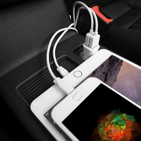Автомобильное зарядное устройство, 2 USB 2.4A (Z12), usb cable lightning, HOCO, белый