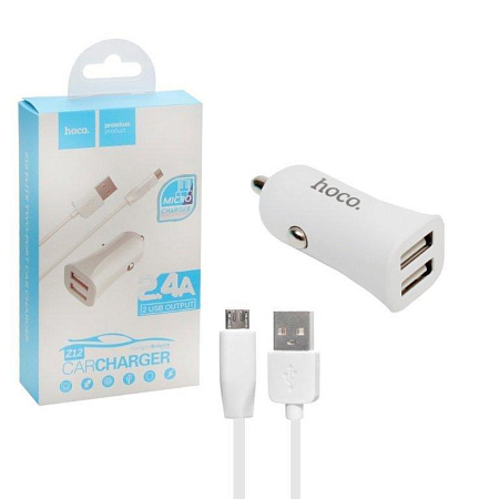 Автомобильное зарядное устройство, 2 USB 2.4A (Z12), usb cable micro, HOCO, белый