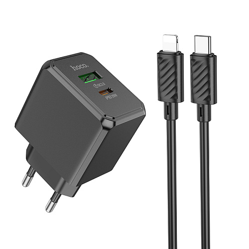 Сетевое зарядное устройство, 1 PD 20W + 1 USB 3.0 QC (CS14A), HOCO, Type-C to Lightning, черный