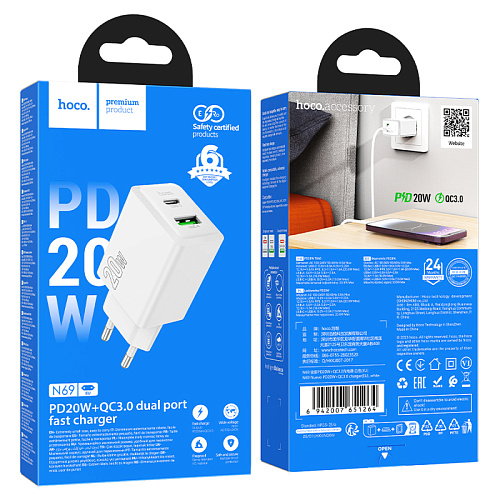 Сетевое зарядное устройство, 1 PD 20W + 1 USB 3.0 QC (N69), HOCO, белый