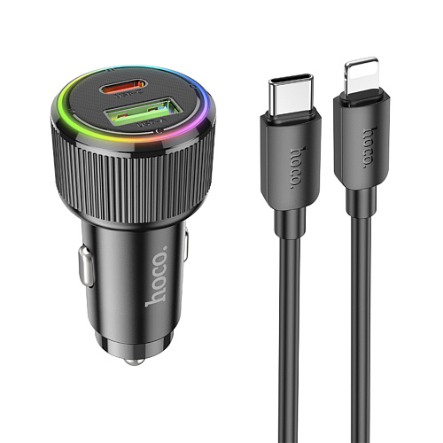 Автомобильное зарядное устройство, 1 USB QC3.0 18W, 1 PD 20W (NZ14A), HOCO, кабель Type-С to Lightning, черный