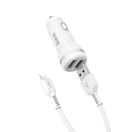Автомобильное зарядное устройство, 2 USB 2.4A (Z27), usb cable lightning, HOCO, белый
