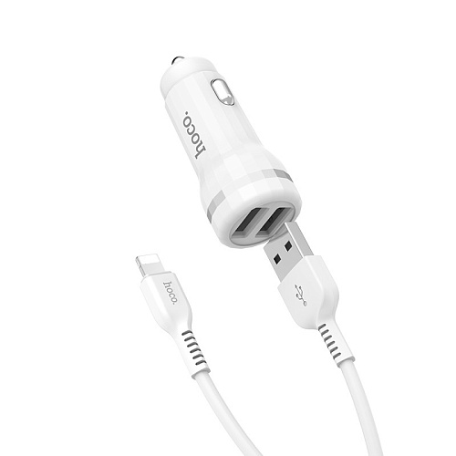 Автомобильное зарядное устройство, 2 USB 2.4A (Z27), usb cable lightning, HOCO, белый