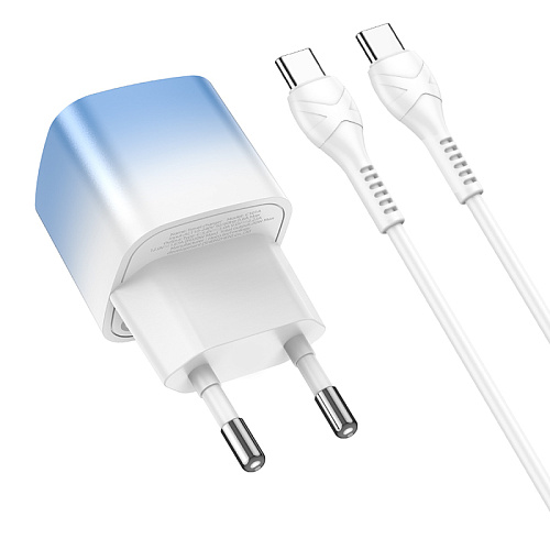 Сетевое зарядное устройство, 1 PD 20W + 1 USB 3.0 QC (C101A), HOCO, Type-C to Type-C, голубой с белым